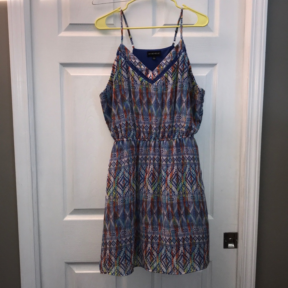 Blue and orange dress with detailed designs